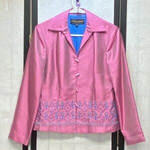 Donna Ricco NY Blue Embroidered Pink Shimmery Taffeta Button Front Blazer Jacket